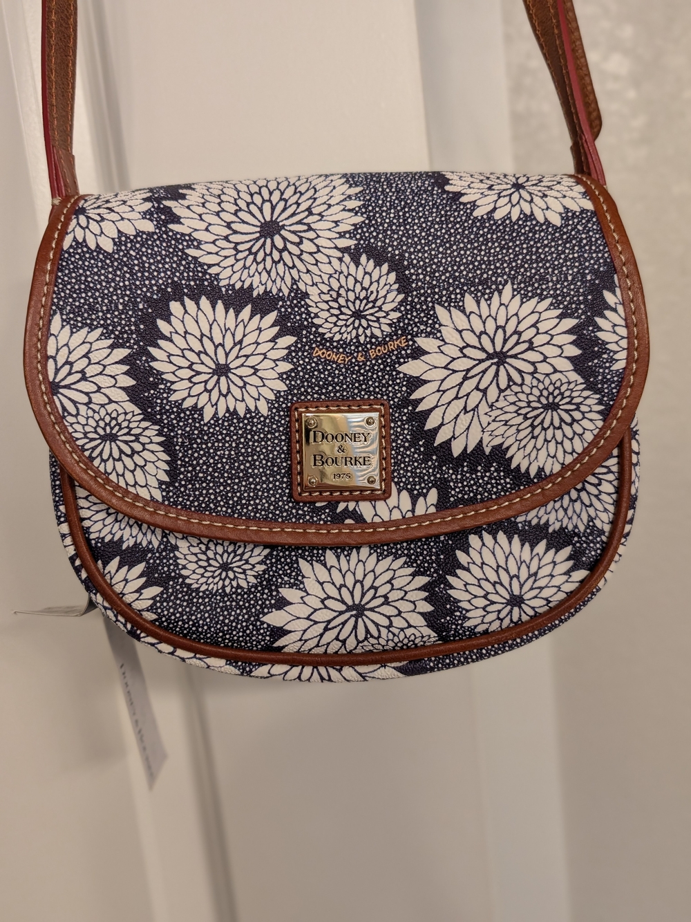 Dooney & Bourke Navy and White Floral Crossbody with Brown Trim